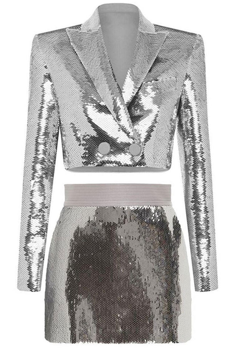 Silver Lapel Collar Long Sleeve Sequin Cropped Blazer Two Piece Mini Dress