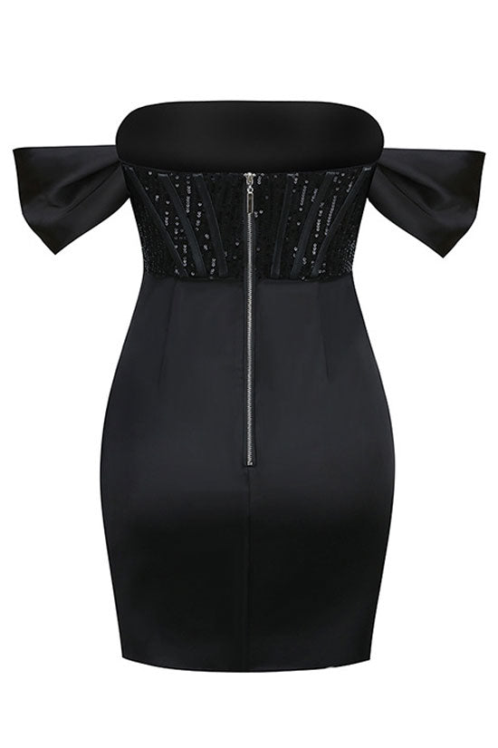 Black Strapless Sequin Corset Satin Ruched Bodycon Mini Dress