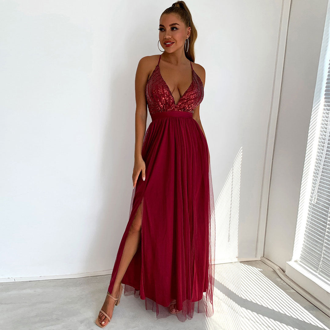 Burgundy Spaghetti Strap Sequin Bodice Mesh Deep V Backless A-Line Maxi Dress