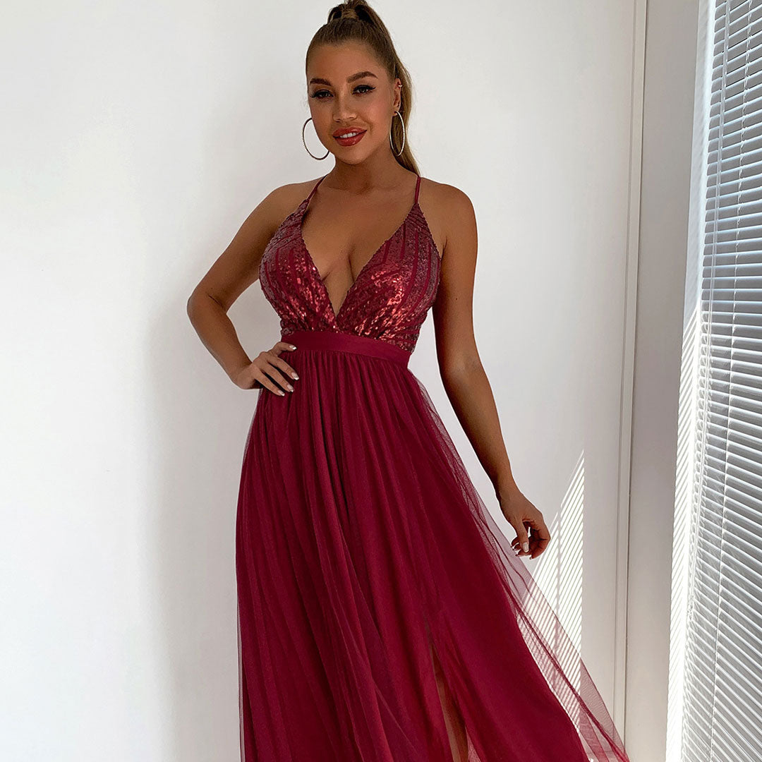 Burgundy Spaghetti Strap Sequin Bodice Mesh Deep V Backless A-Line Maxi Dress