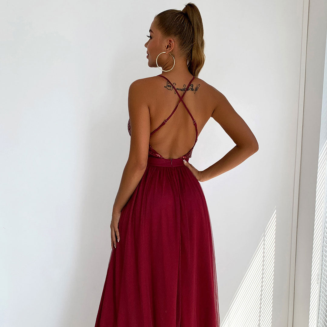 Burgundy Spaghetti Strap Sequin Bodice Mesh Deep V Backless A-Line Maxi Dress