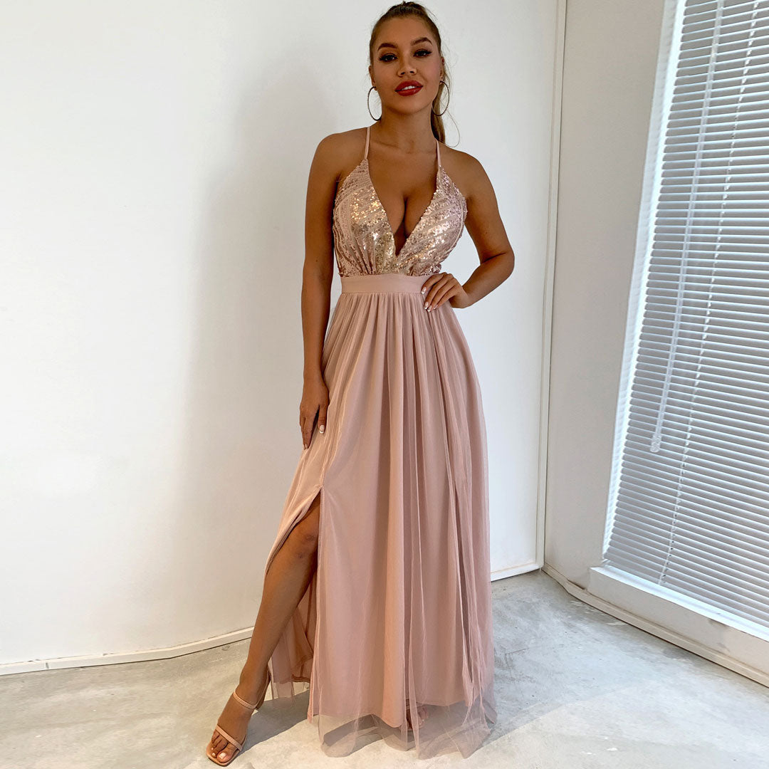 Champagne Spaghetti Strap Sequin Bodice Mesh Deep V Backless A-Line Maxi Dress