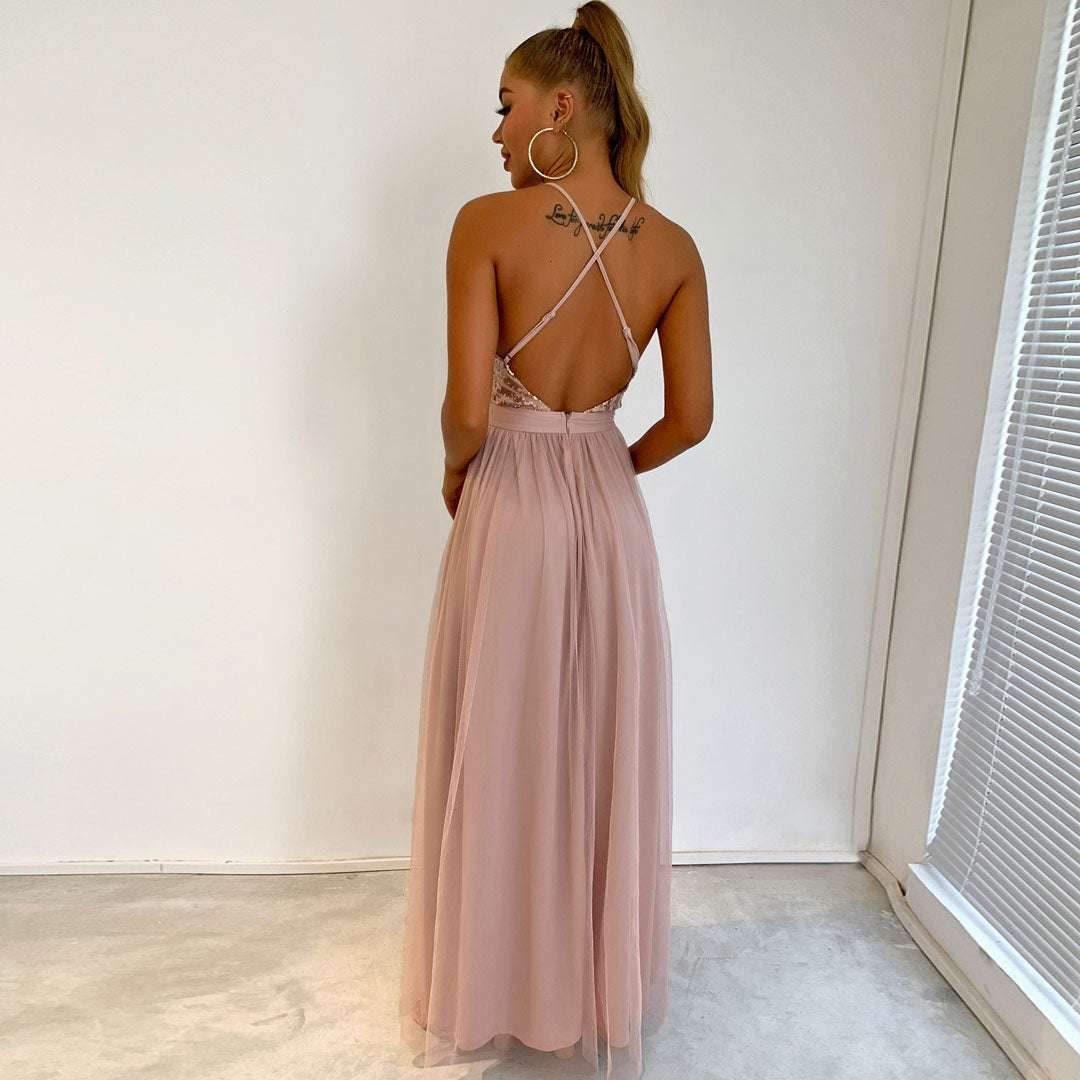 Champagne Spaghetti Strap Sequin Bodice Mesh Deep V Backless A-Line Maxi Dress