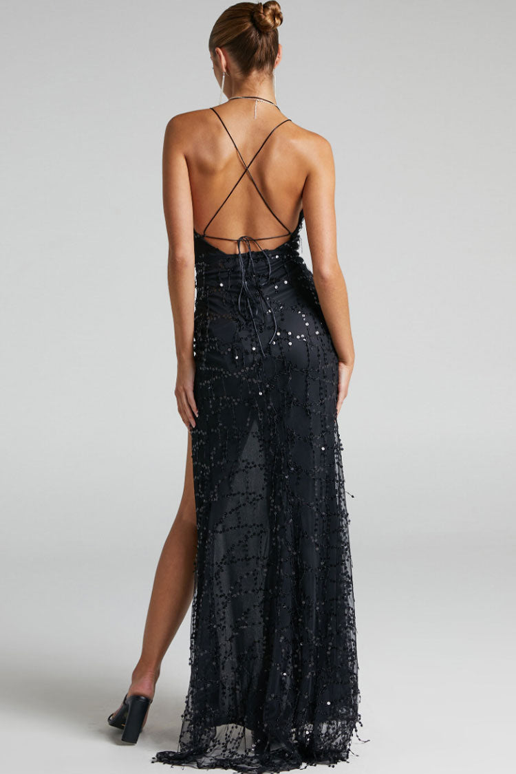 Black Spaghetti Strap V-Neck Scattered Sequin Backless High Slit Maxi Dress