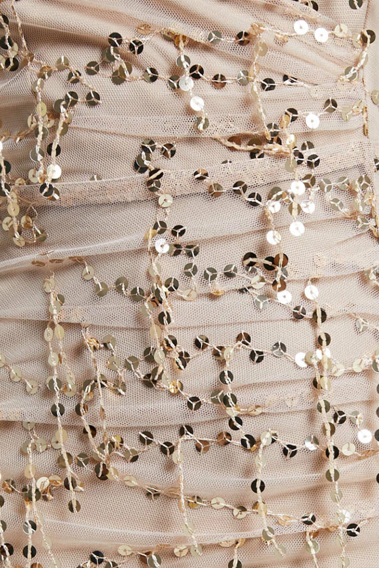 Champagne Spaghetti Strap V-Neck Sequin Vine Ruched High Slit Bodycon Maxi Dress