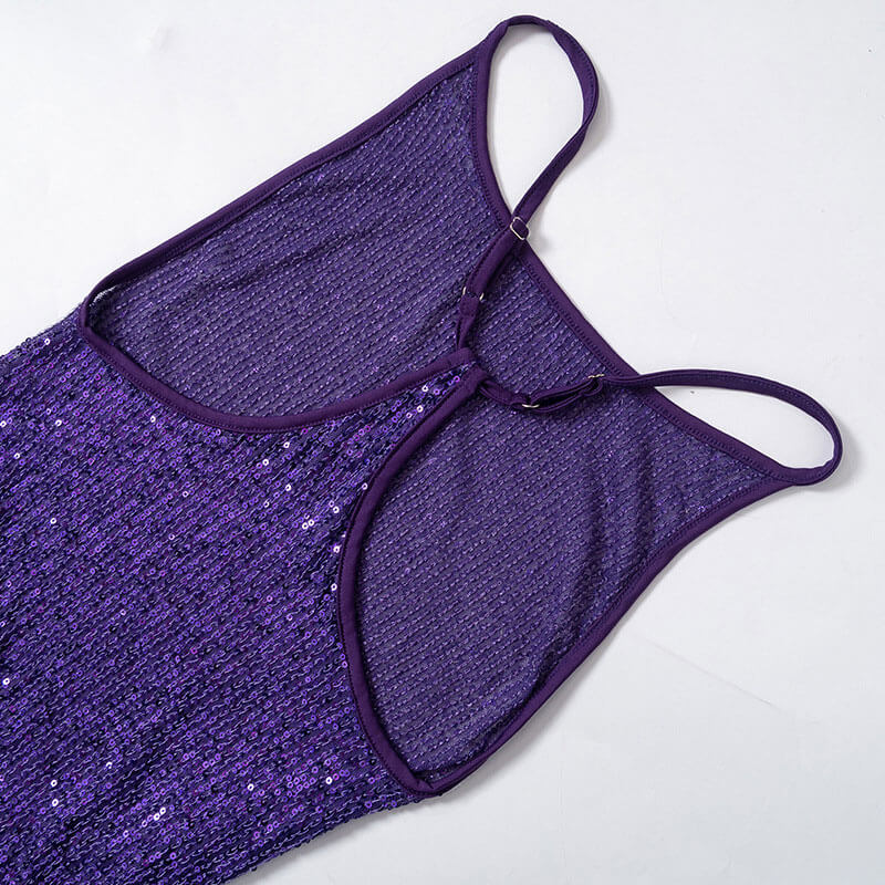 Purple Sequin Spaghetti Strap Scoop Neck High Slit Bodycon Maxi Dress