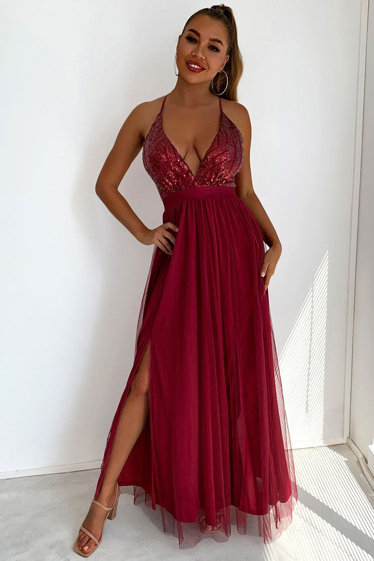 Burgundy Halter Deep V-Neck Sequin Bodice Tulle High Slit Maxi Dress