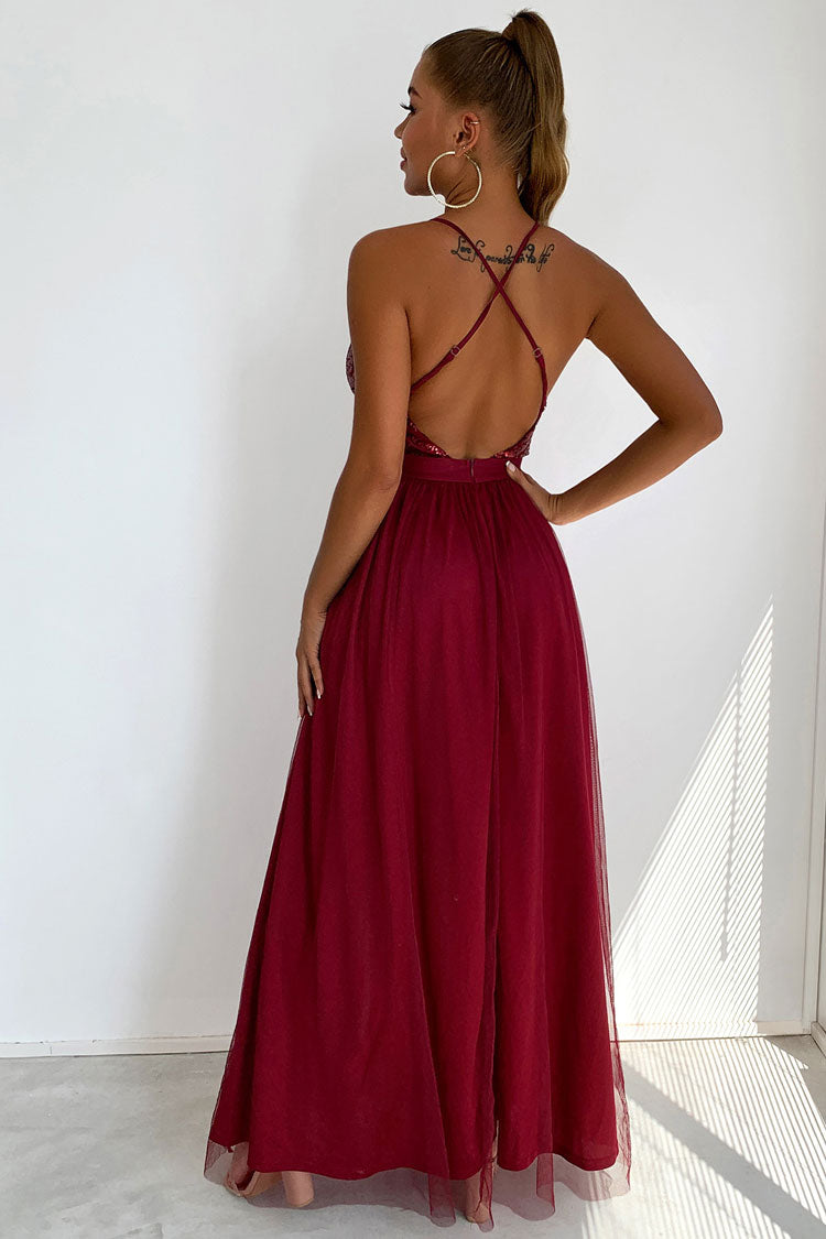 Burgundy Halter Deep V-Neck Sequin Bodice Tulle High Slit Maxi Dress