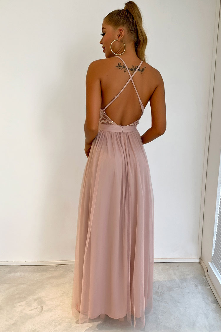 Champange Spaghetti Strap Plunge Sequin Striped Tulle High Slit A-Line Maxi Dress