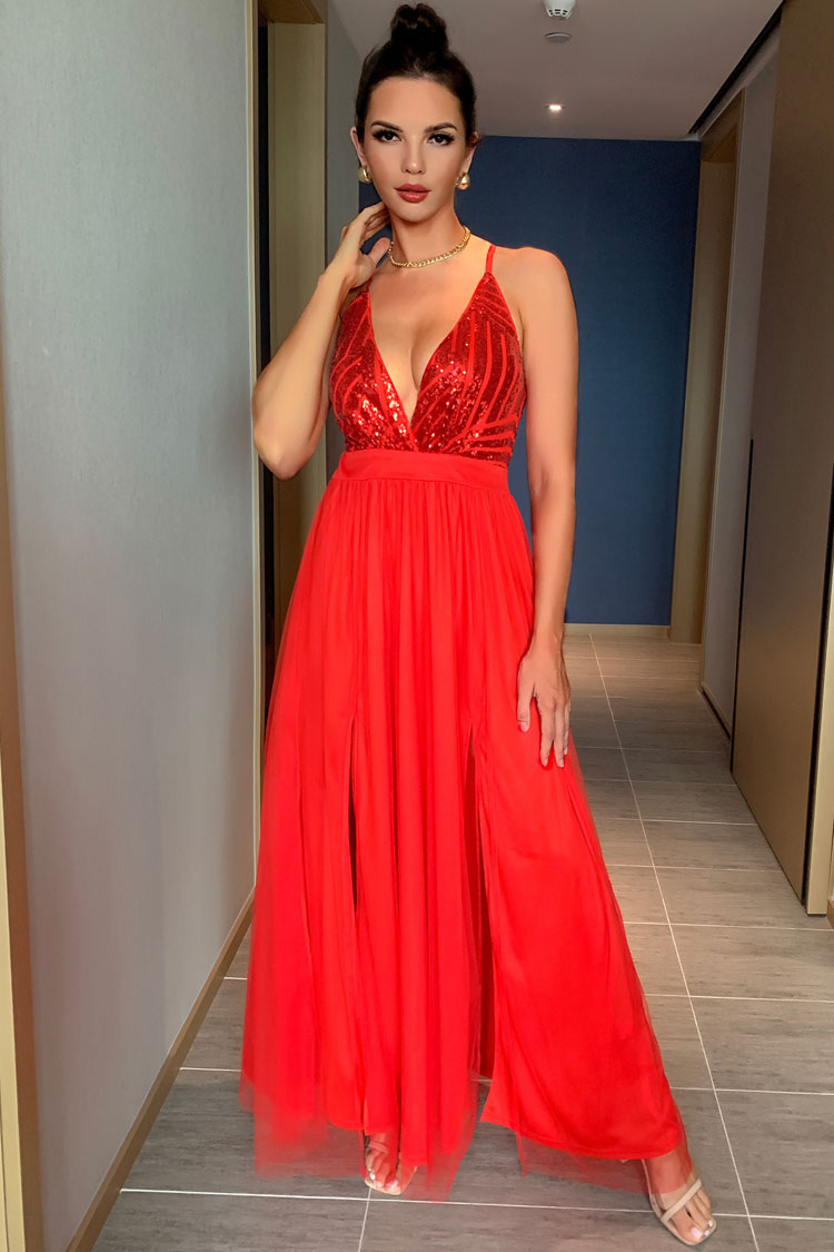 Red Spaghetti Strap Deep V Sequin Bodice High Slit Flowy Maxi Gown