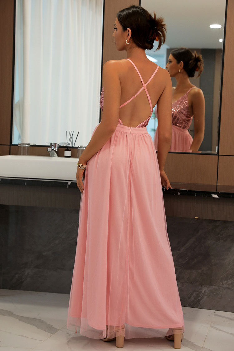 Pink Spaghetti Strap Deep V Sequin Bodice Tulle Backless Maxi Gown