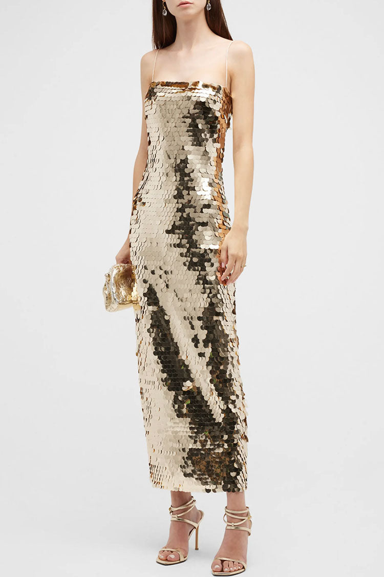 Gold Spaghetti Strap Square Neck Disc Sequin Bodycon Maxi Dress