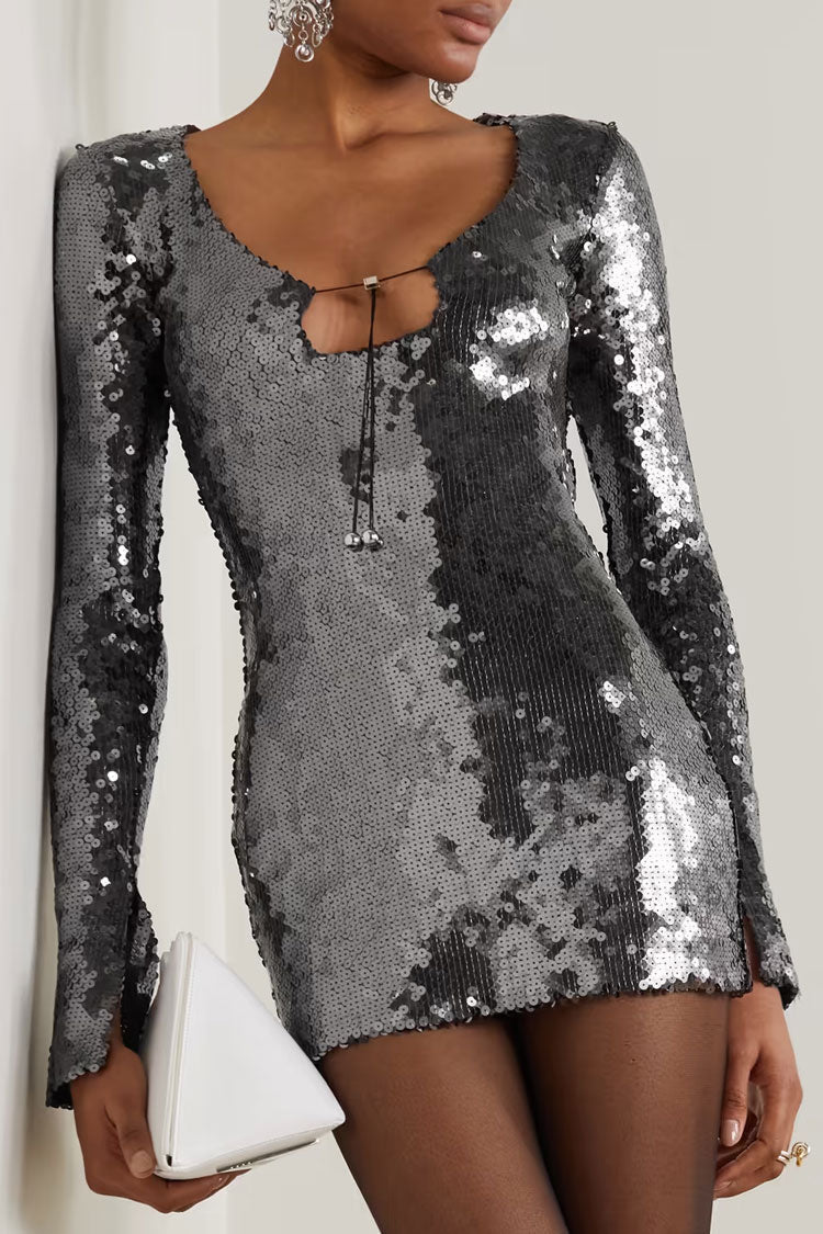 Black Gray Tie Neck Keyhole Long Sleeve Sequin Bodycon Mini Dress