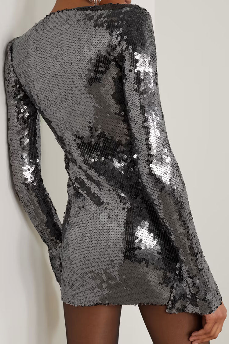 Black Gray Tie Neck Keyhole Long Sleeve Sequin Bodycon Mini Dress