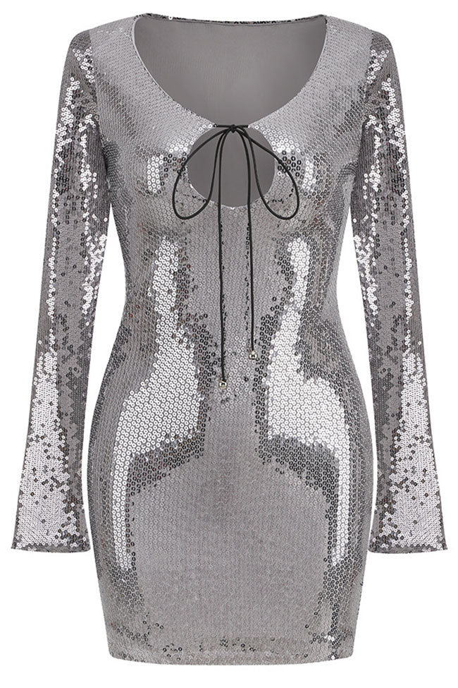 Black Gray Tie Neck Keyhole Long Sleeve Sequin Bodycon Mini Dress