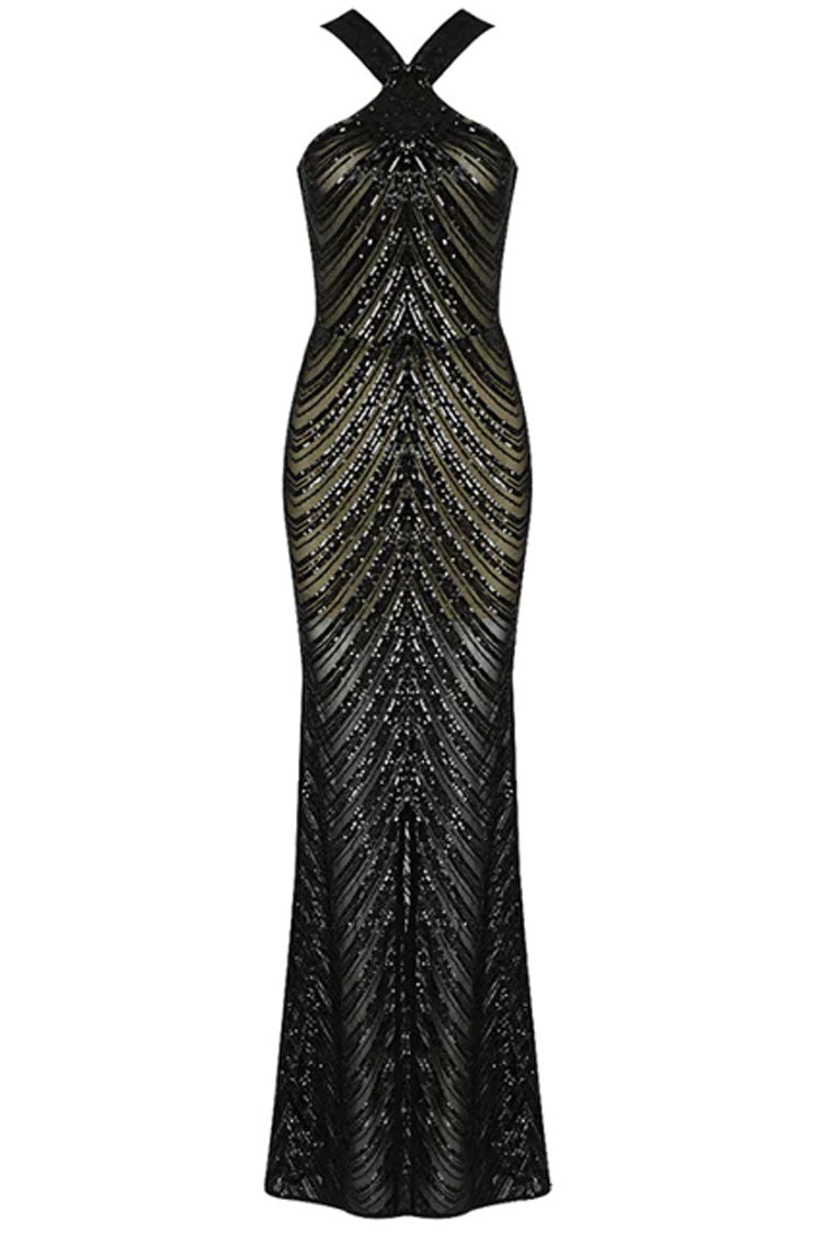 Black Halter Neck Sequin Semi Sheer Mermaid Maxi Gown