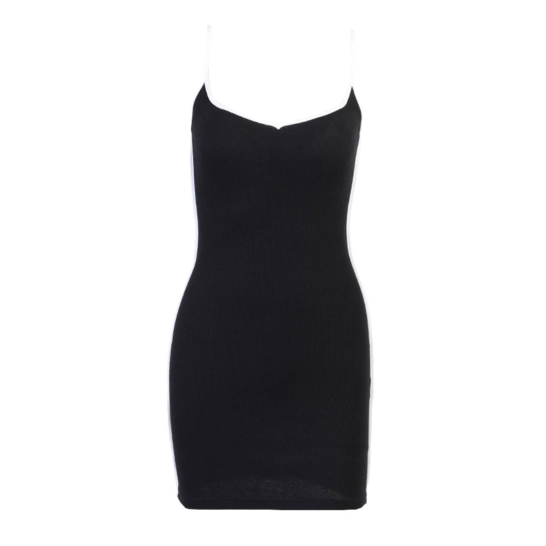 Black Spaghetti Strap Scoop Neck Contrast Trim Rib Knit Bodycon Mini Dress