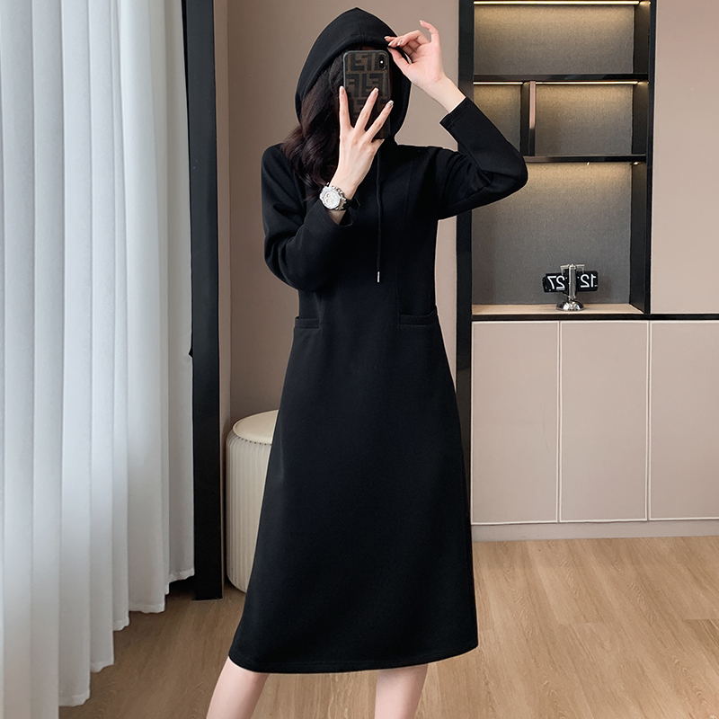 Long Sleeve Hooded Pockets Sweatshirt Dress