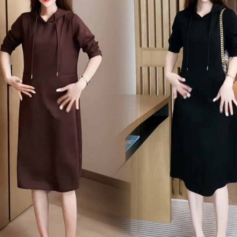 Long Sleeve Hooded Pockets Sweatshirt Dress