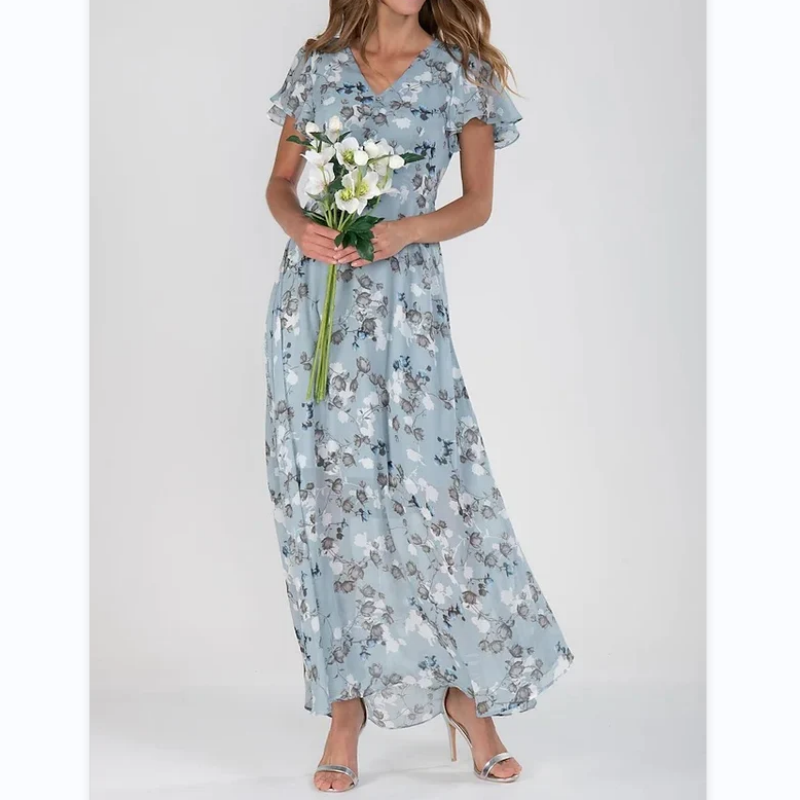 Lucrecia Exclusive Long Dress with Short Sleeves and Floral Print Statement Occasion Edit