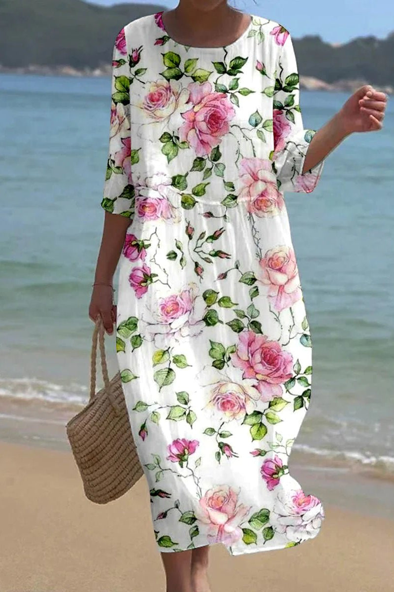 Floral Round Neck Half Sleeve Rose Floral Print Pocket Midi Dress
