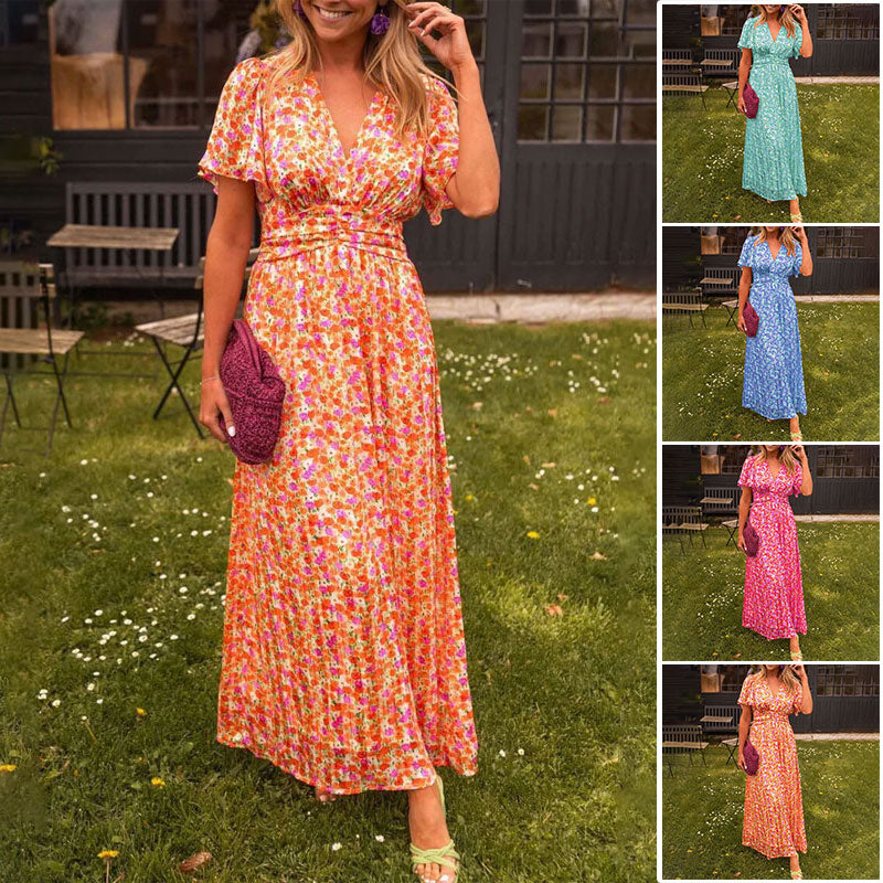 V-Neck Flutter Sleeve Floral Print Wrap Waist Flowy Maxi Dress 8