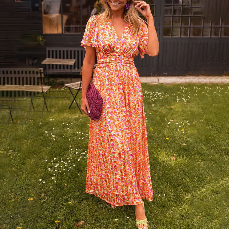 V-Neck Flutter Sleeve Floral Print Wrap Waist Flowy Maxi Dress