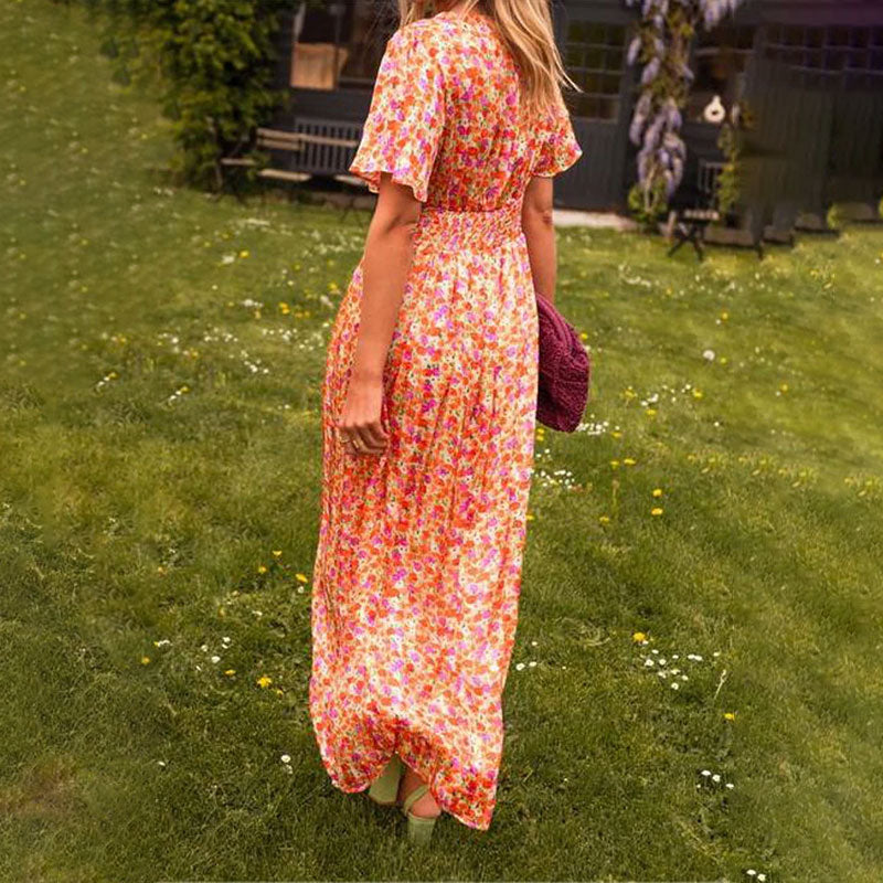 V-Neck Flutter Sleeve Floral Print Wrap Waist Flowy Maxi Dress 6