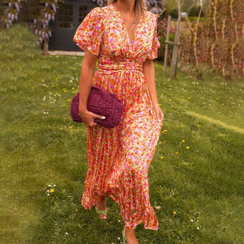 V-Neck Flutter Sleeve Floral Print Wrap Waist Flowy Maxi Dress 5