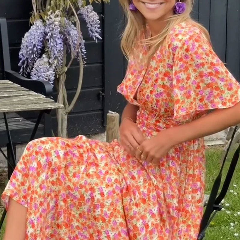 V-Neck Flutter Sleeve Floral Print Wrap Waist Flowy Maxi Dress 7