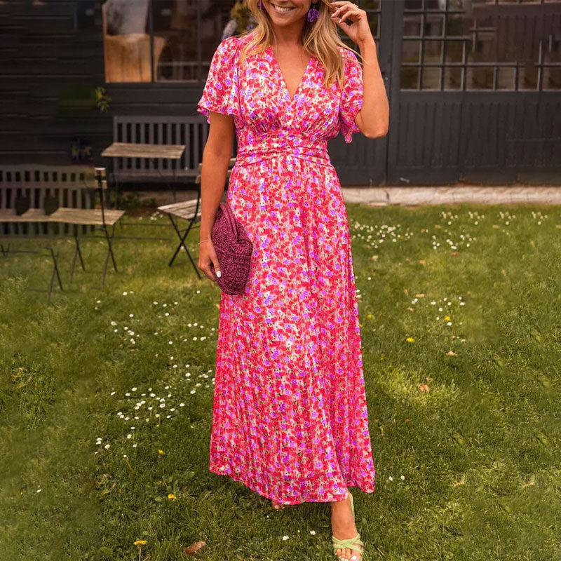 V-Neck Flutter Sleeve Floral Print Wrap Waist Flowy Maxi Dress 2