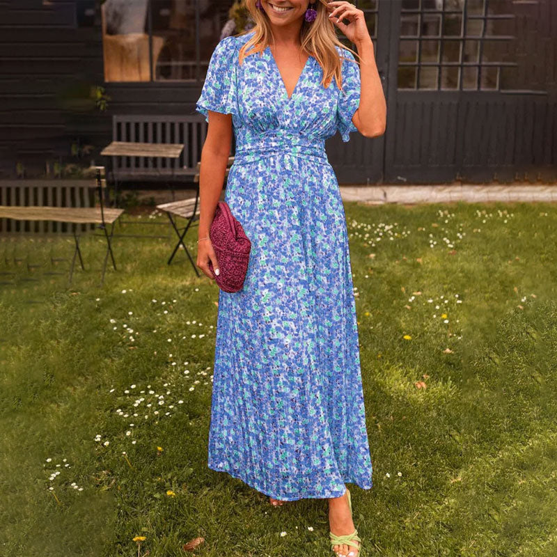 V-Neck Flutter Sleeve Floral Print Wrap Waist Flowy Maxi Dress 3