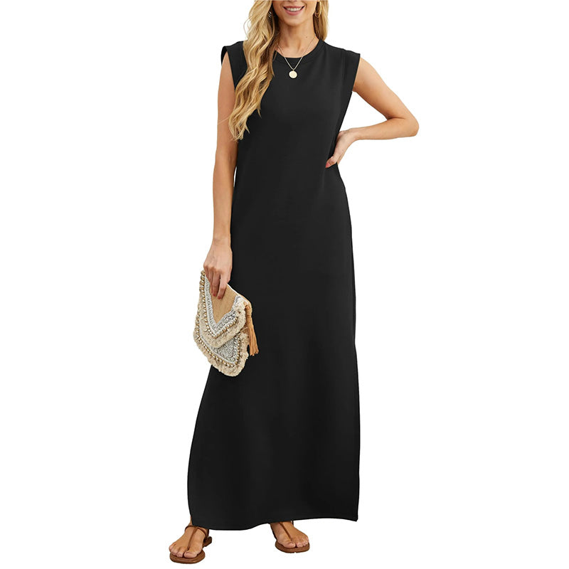 Crew Neck Sleeveless Side Slit Column Maxi Dress