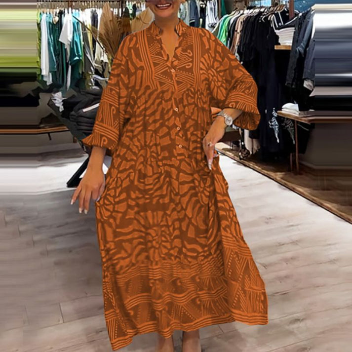 Stand Collar Button Front Abstract Print Tiered Shirt Maxi Dress 4
