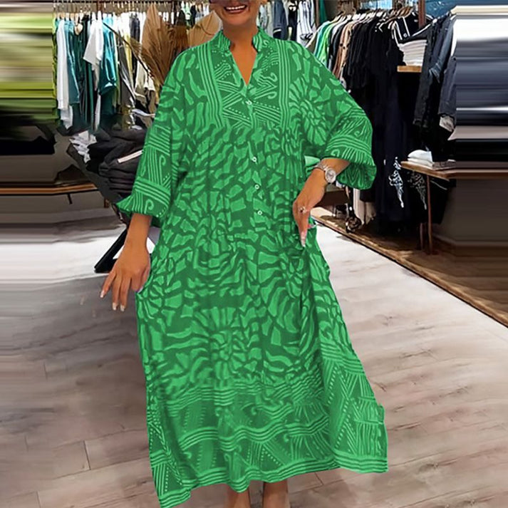 Stand Collar Button Front Abstract Print Tiered Shirt Maxi Dress 2