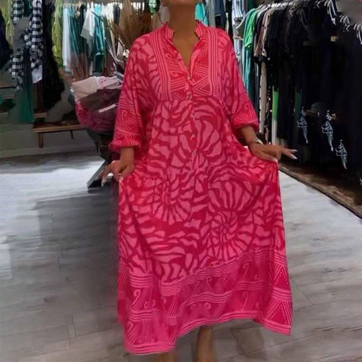 Stand Collar Button Front Abstract Print Tiered Shirt Maxi Dress 3