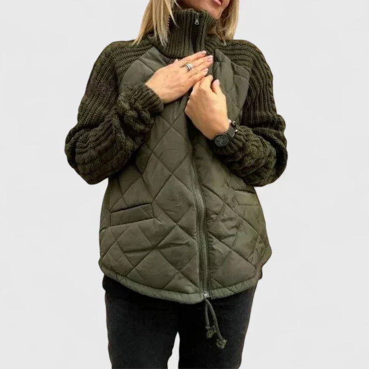 Stand Collar Quilted Cable-Knit Sleeve Zip-Up Jacket