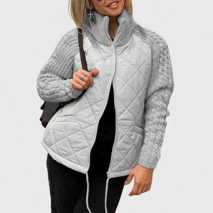 Stand Collar Quilted Cable-Knit Sleeve Zip-Up Jacket