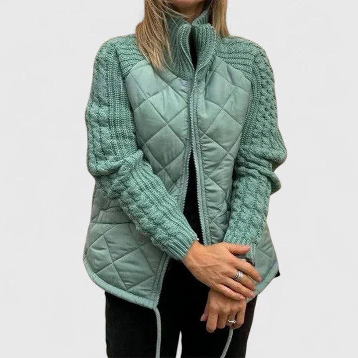 Stand Collar Quilted Cable-Knit Sleeve Zip-Up Jacket