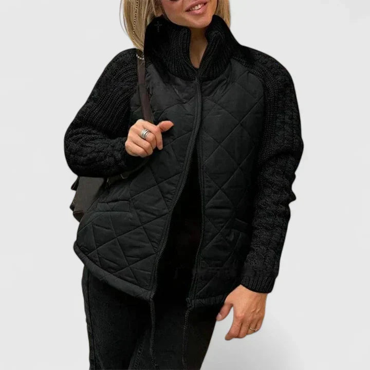 Stand Collar Quilted Cable-Knit Sleeve Zip-Up Jacket
