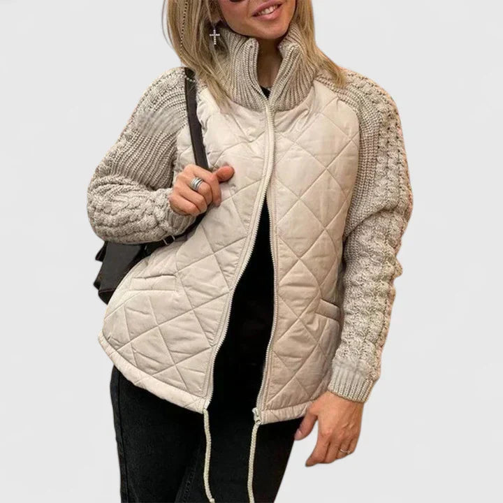 Stand Collar Quilted Cable-Knit Sleeve Zip-Up Jacket