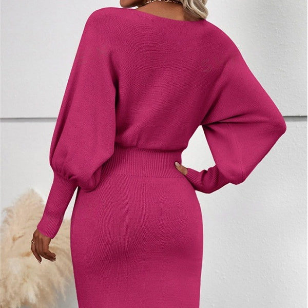 Round Neck Batwing Sleeve Ribbed Knit Bodycon Sweater Midi Dress