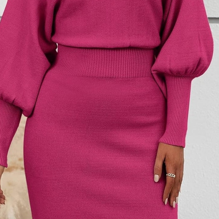 Round Neck Batwing Sleeve Ribbed Knit Bodycon Sweater Midi Dress