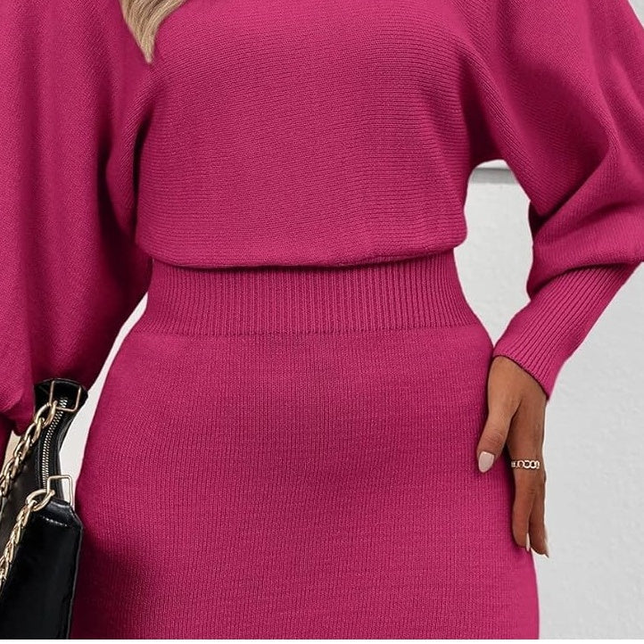 Round Neck Batwing Sleeve Ribbed Knit Bodycon Sweater Midi Dress