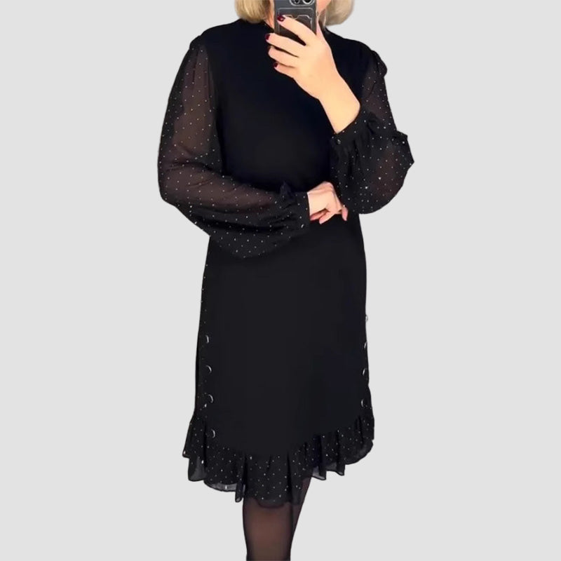 Round Neck Polka Dot Sheer Long Sleeve Ruffle Hem Midi Dress