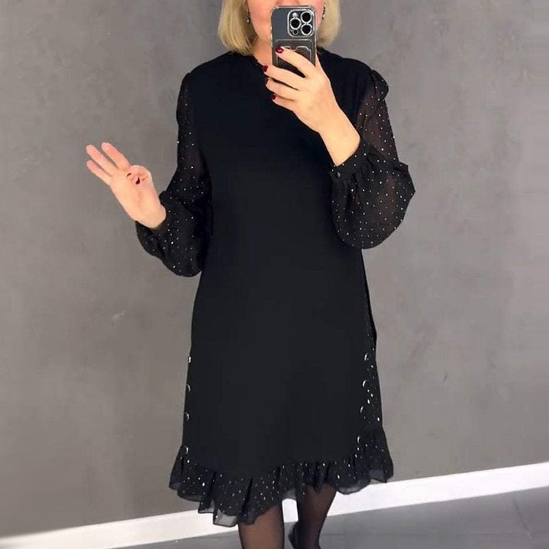 Round Neck Polka Dot Sheer Long Sleeve Ruffle Hem Midi Dress