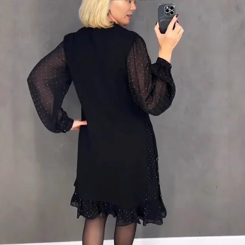 Round Neck Polka Dot Sheer Long Sleeve Ruffle Hem Midi Dress