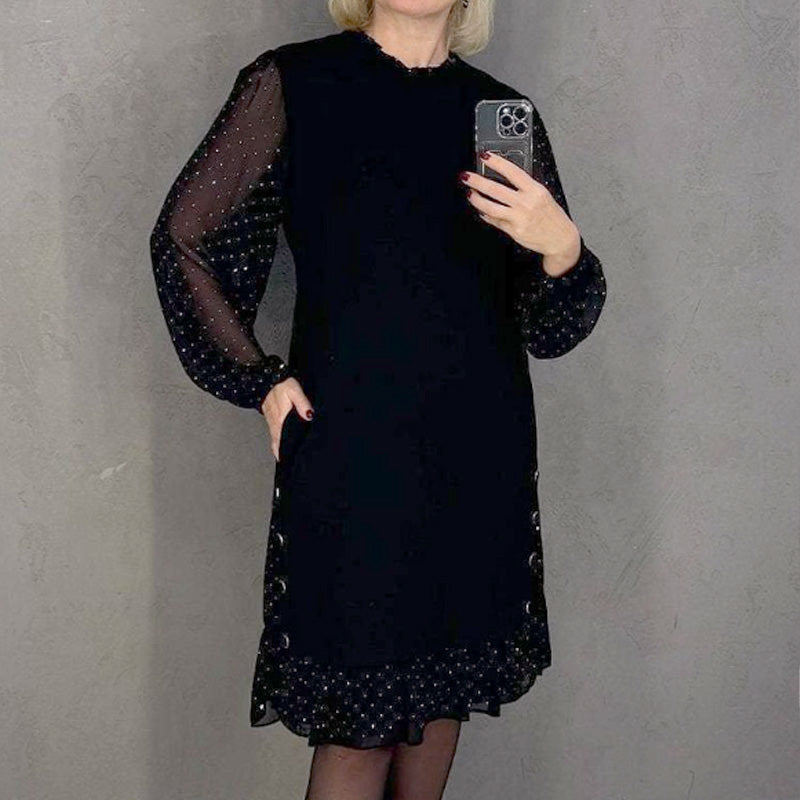Round Neck Polka Dot Sheer Long Sleeve Ruffle Hem Midi Dress