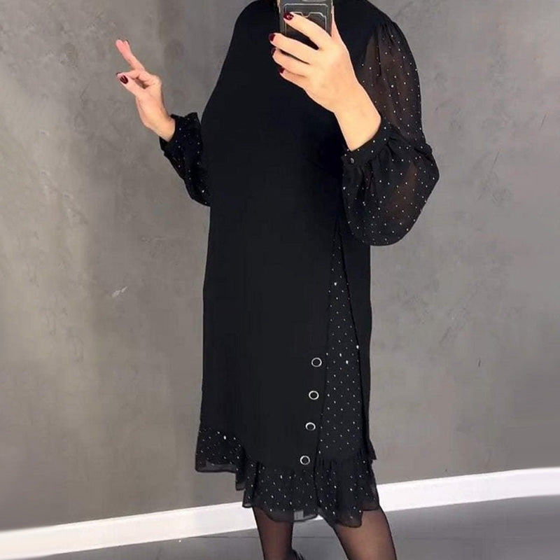 Round Neck Polka Dot Sheer Long Sleeve Ruffle Hem Midi Dress