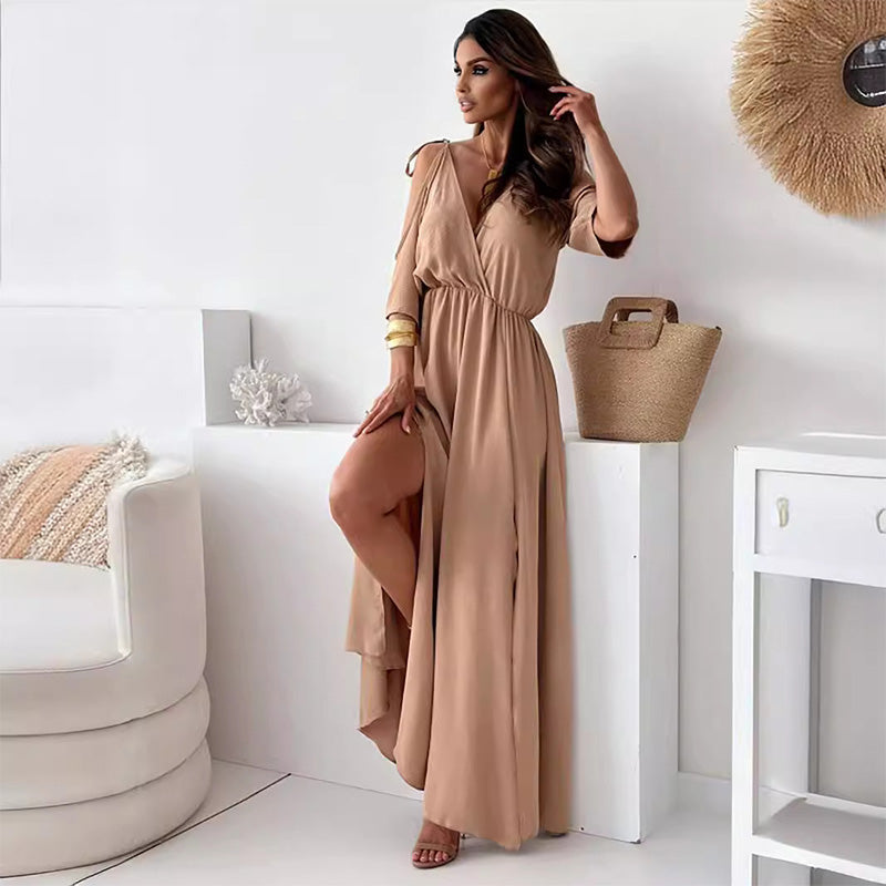 Deep V-Neck Cold Shoulder High Slit A-Line Maxi Dress